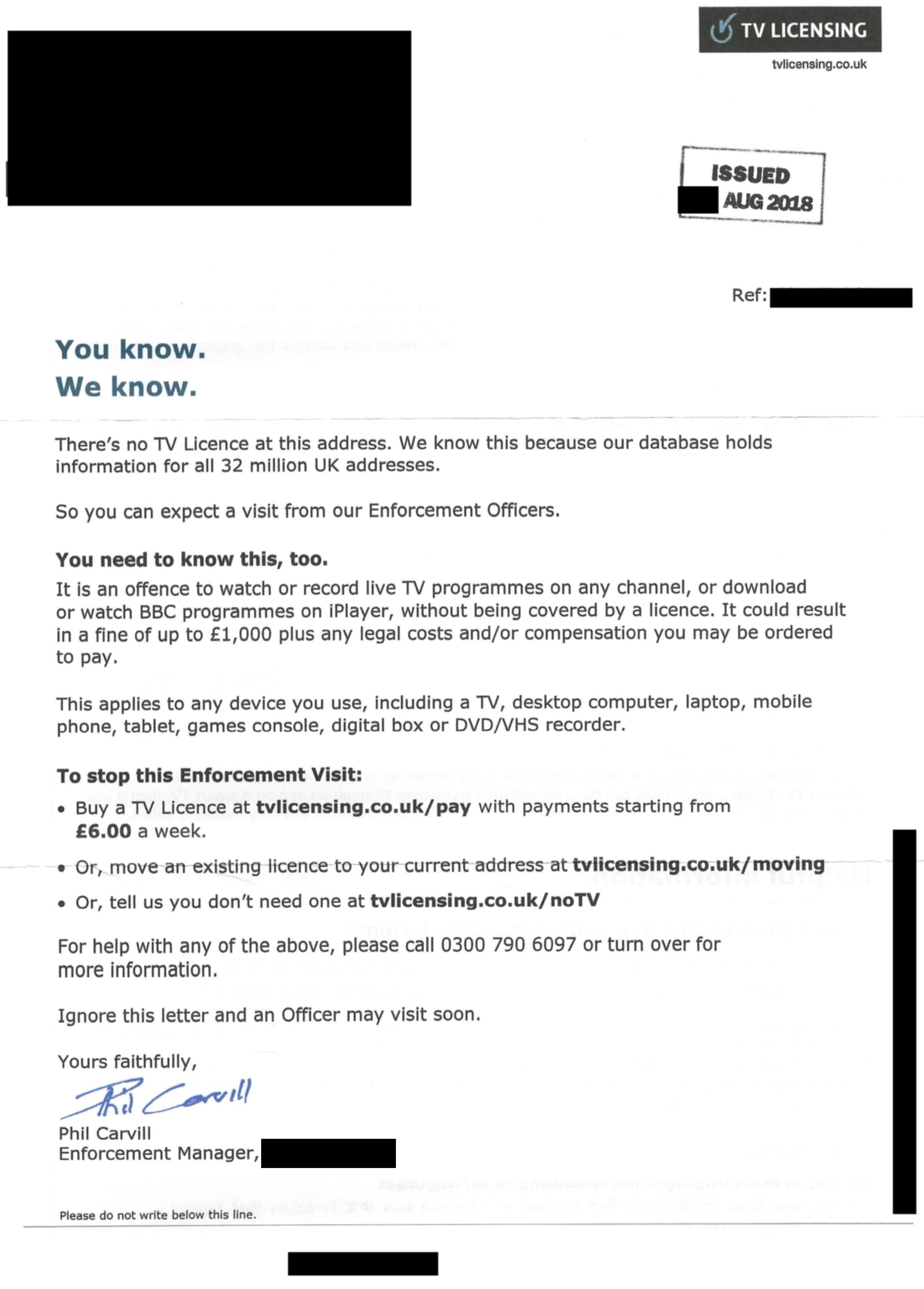 Letters from BBC Television Licensing/2018